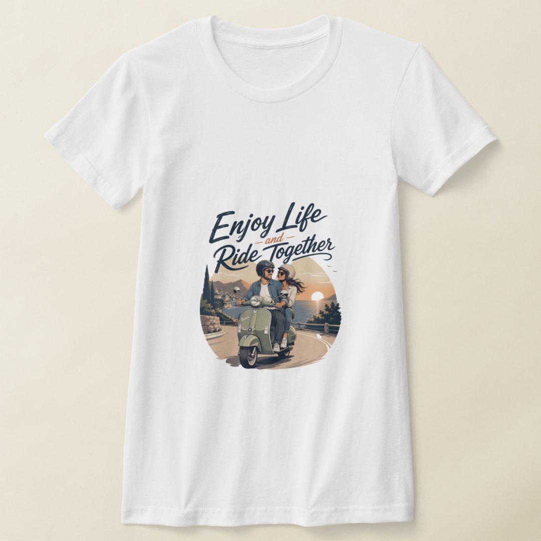 Enjoy Life and Ride Together – Romantic Vespa Couple T-Shirt - Image 3