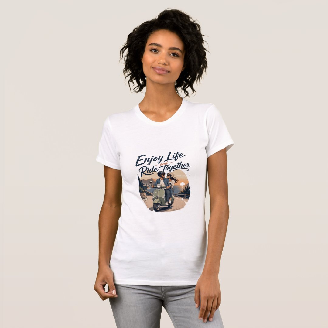 Enjoy Life and Ride Together – Romantic Vespa Couple T-Shirt - Image 2